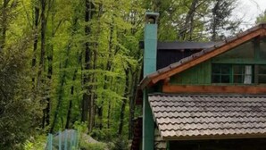 Una cabaña con techo inclinado, paredes de madera y una ventana.