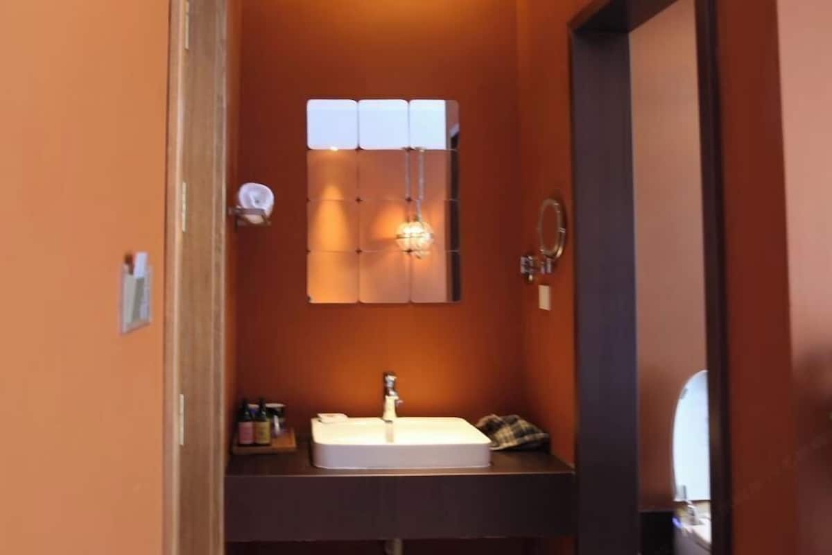 Un baño estrecho con un lavabo blanco, un espejo y un perchero para toallas.