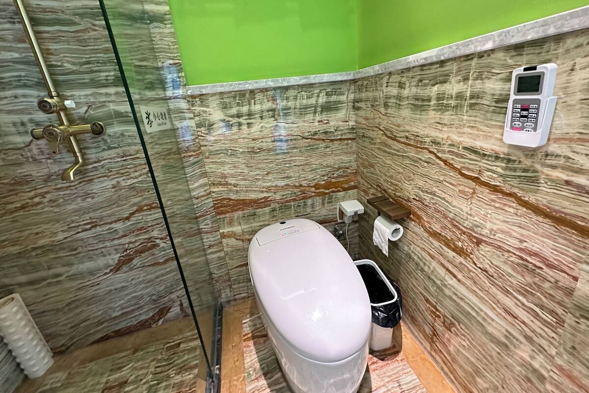 Un baño con pared de mármol, inodoro, ducha de mano, cubo de basura y teléfono fijo en la pared.