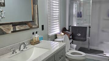 Shower, hair dryer, towels, soap