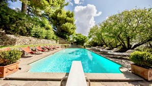 Una piscina rectangular con agua cristalina azul, rodeada de sillas de descanso y plantas en macetas.