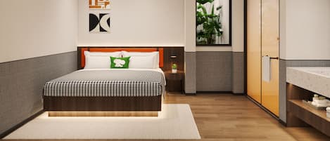 A modern bedroom with a large bed, a nightstand, a small table, a potted plant, and a wardrobe.