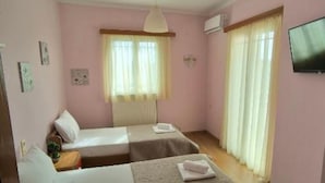 A room with two beds, a television, and a window with curtains.