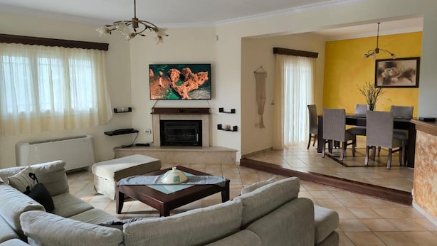 A living room with a sofa, coffee table, fireplace, TV, and dining area with chairs and a table.