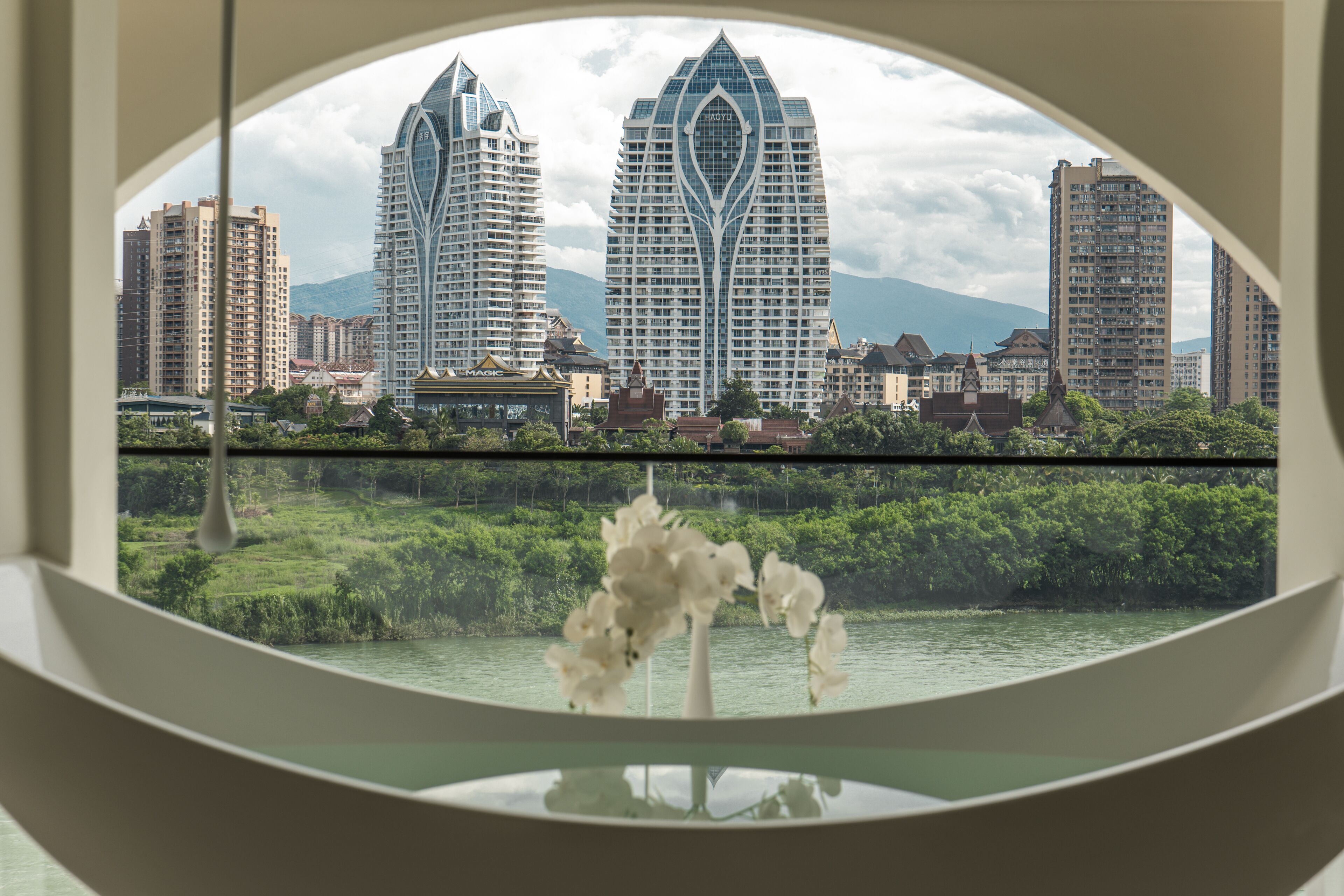 A view through a window with a white vase of flowers, a river, and a cityscape with modern buildings.
