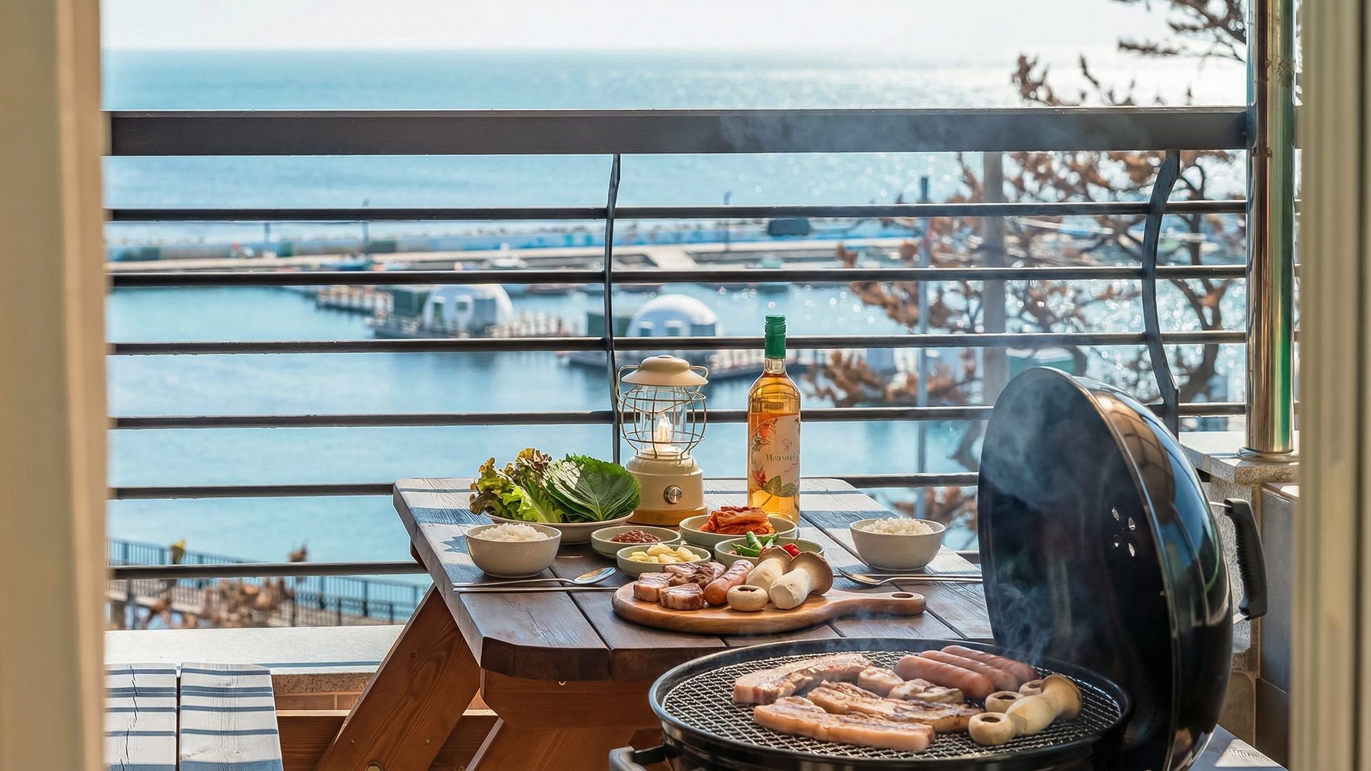 Una mesa de comedor con diversos alimentos, una botella y una parrilla portátil, frente a una vista de agua y un puente.