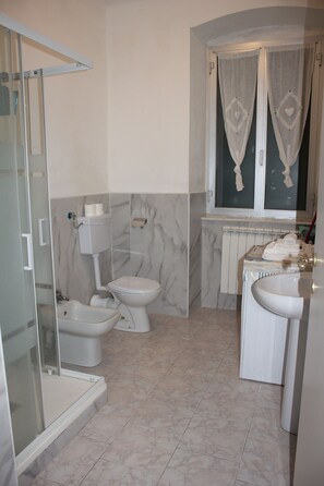 Hair dryer, towels, soap, toilet paper
