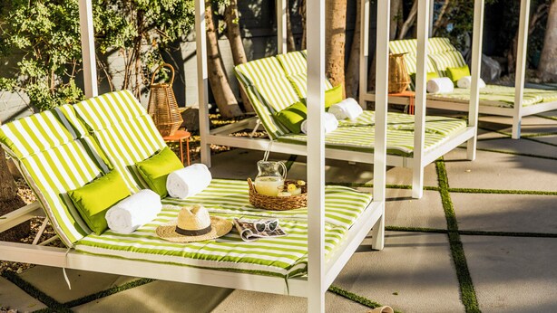 A row of white lounge chairs with green and white striped cushions, arranged on a concrete patio with green grass borders.