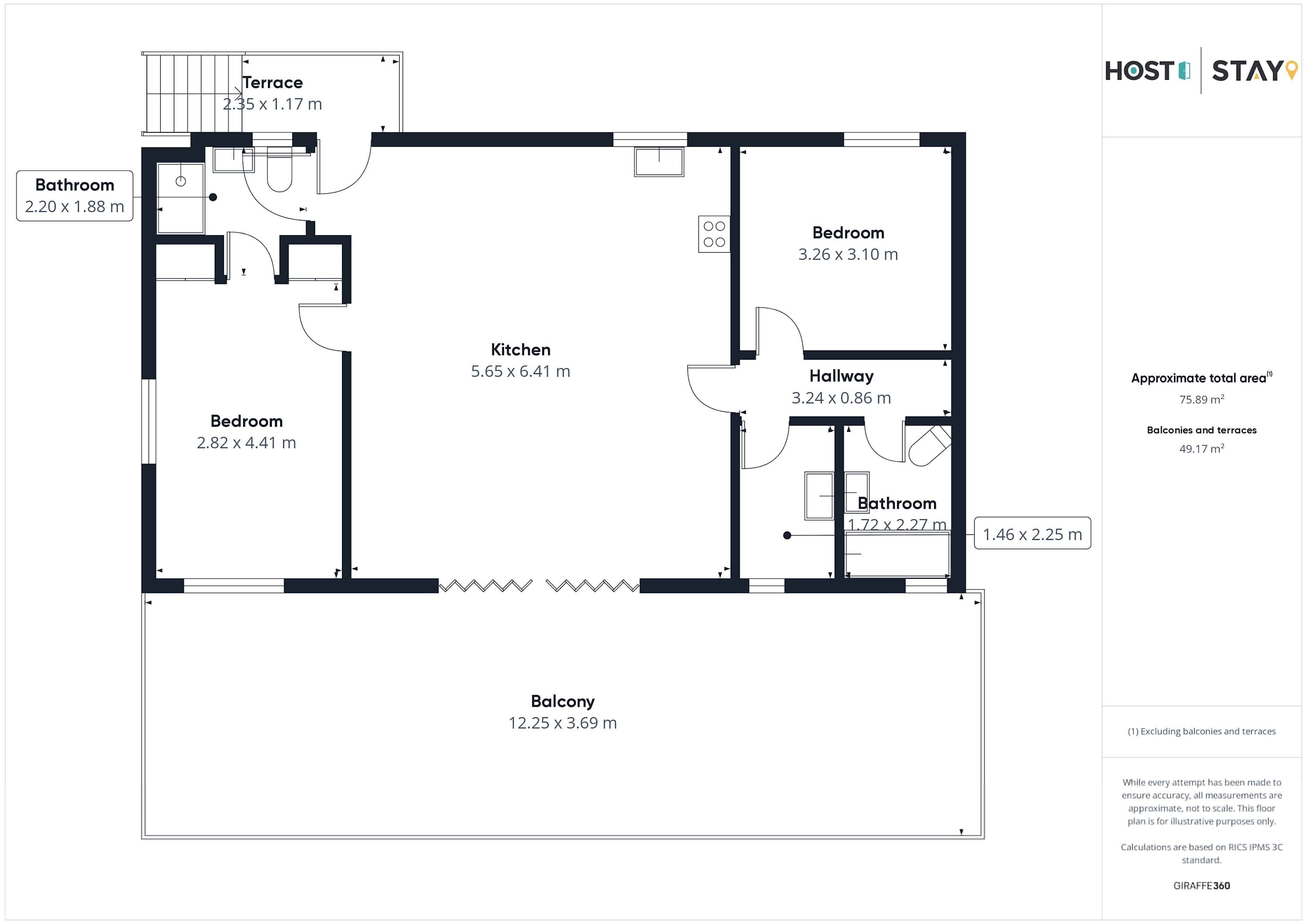 A floor plan of a hotel room with a balcony, a terrace, a kitchen, a bathroom, and a bedroom.