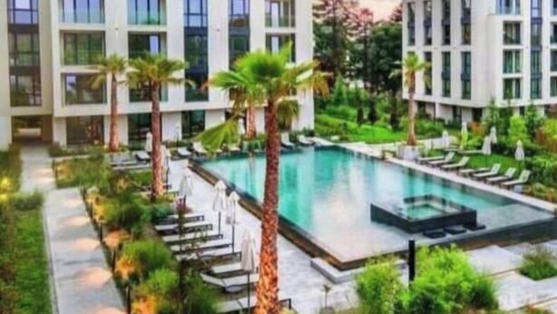A modern hotel with a swimming pool surrounded by palm trees and lounge chairs. - One room apartment  (Saints Constantine and Helena)