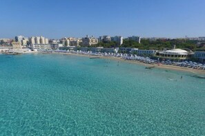 Une zone côtière dotée d’une plage, d’une eau turquoise et limpide, et d’une rangée de bâtiments situés en bord de mer, chacun agrémenté de parasols.