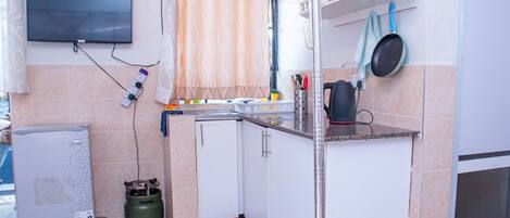 Fridge, stovetop, cookware/dishes/utensils