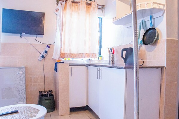 Fridge, stovetop, cookware/dishes/utensils