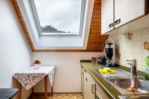 A compact kitchen with a skylight, a table with a floral tablecloth, and a sink with a green countertop.