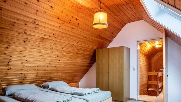 A bedroom with a sloped ceiling, wooden walls, a bunk bed, a wardrobe, and a skylight.