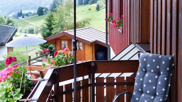 A wooden deck with a chair and an umbrella, overlooking a scenic valley with a red building and a wooden cabin. - Apartment '3 Kapelle' with Mountain View, Shared Terrace and Wi-Fi (Todtnau)