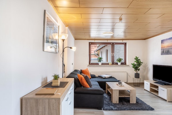 A modern living room with a sectional sofa, a coffee table, a TV, and a window with plants.