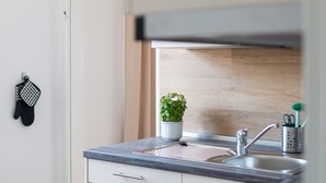 A modern kitchen with a sink, countertop, and a potted plant. - Apartment 'Schloss Glücksburg' with Lake View, Private Garden and Wi-Fi (Glücksburg (Ostsee))