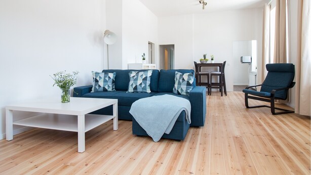 A modern living room with a sofa, a coffee table, a chair, and a dining area. - Apartment 'Schloss Glücksburg' with Lake View, Private Garden and Wi-Fi (Glücksburg (Ostsee))