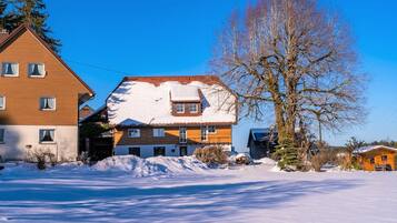 A two-story house with a snow-covered roof and a clear blue sky.