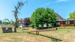 Un espace extérieur verdoyant avec une balançoire, une petite structure en bois et un grand arbre.