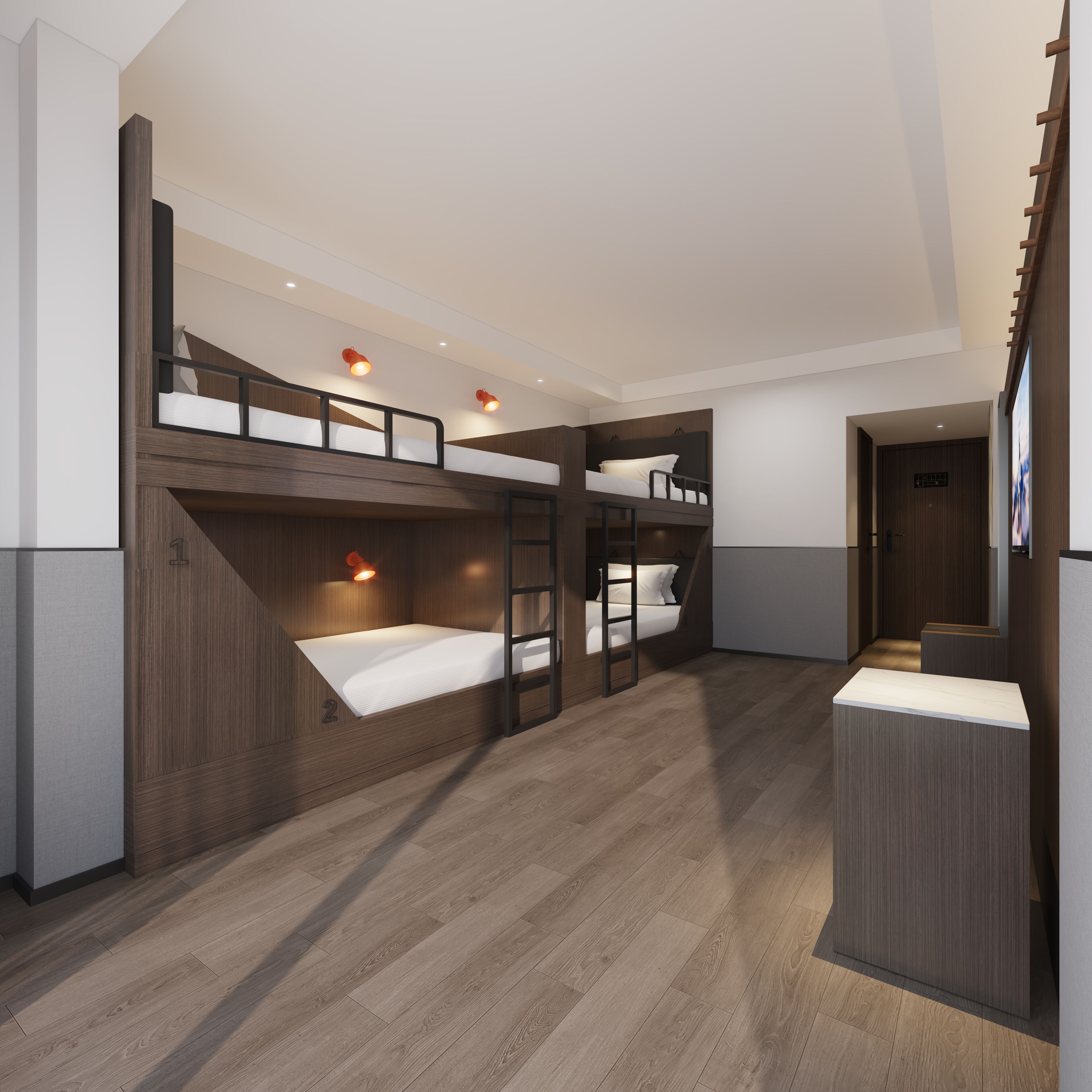 A modern, multi-level bedroom with bunk beds, wooden paneling, and built-in lighting.