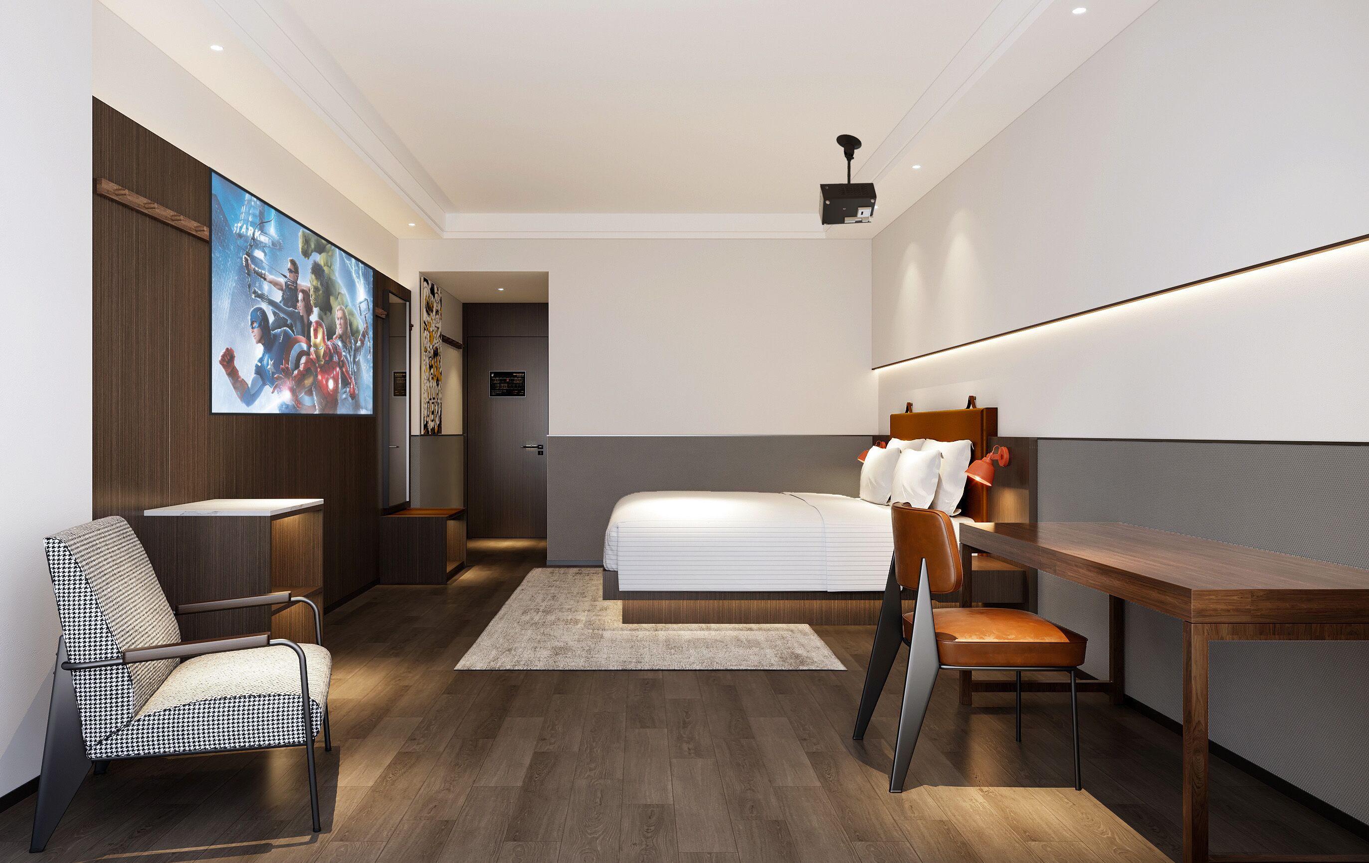 A modern hotel room with a bed, a desk, a chair, and a large TV screen.