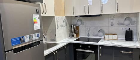 Fridge, oven, stovetop, electric kettle