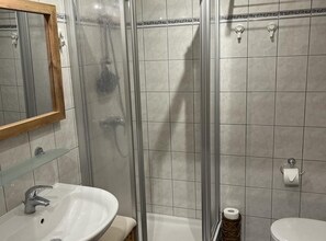 A bathroom with a shower, a sink, and a toilet. - Rossiniweg Warm and Lovely Apartment With Terrace (Bad Kleinkirchheim)