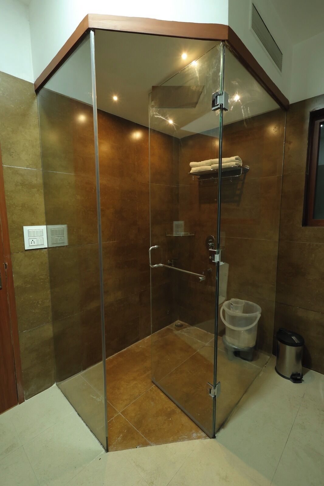 A glass-enclosed shower stall with a towel rack above the door, a trash bin, and a heater on the floor.