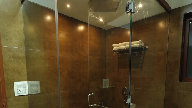Une cabine de douche fermée par des parois en verre, avec un porte-serviettes au-dessus de la porte, une poubelle et un radiateur au sol.