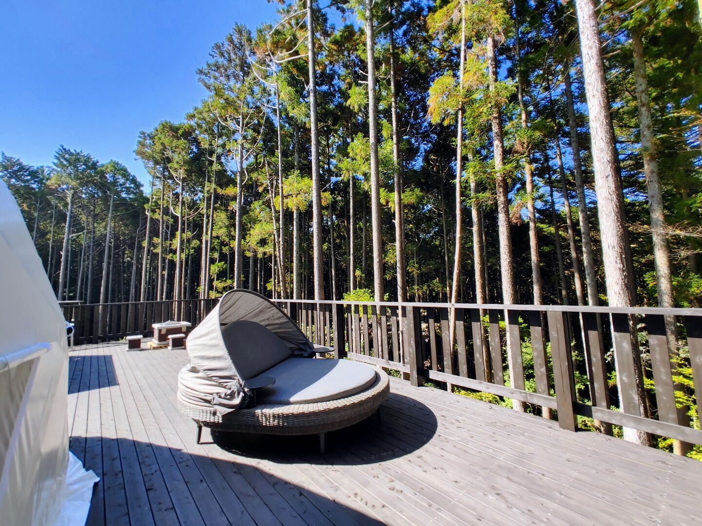 A deck with a circular seating area, surrounded by a wooden railing, overlooking a forest.