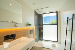 Shower, hair dryer, towels