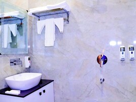 A modern bathroom with a large white sink, a glass shower enclosure, and a marble wall.