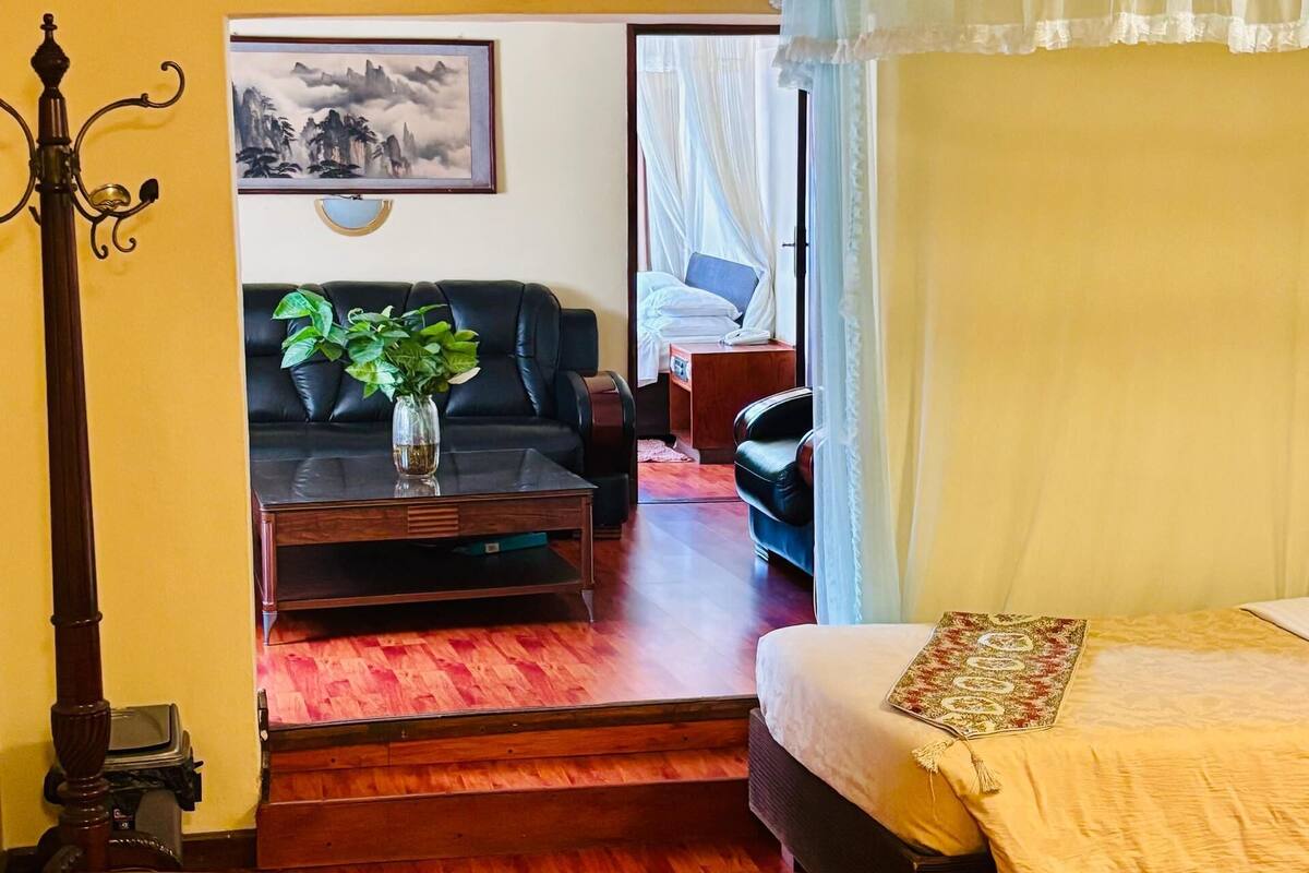 Een kamer met een bed, een bureau, een stoel, een bijzettafeltje en een plant.