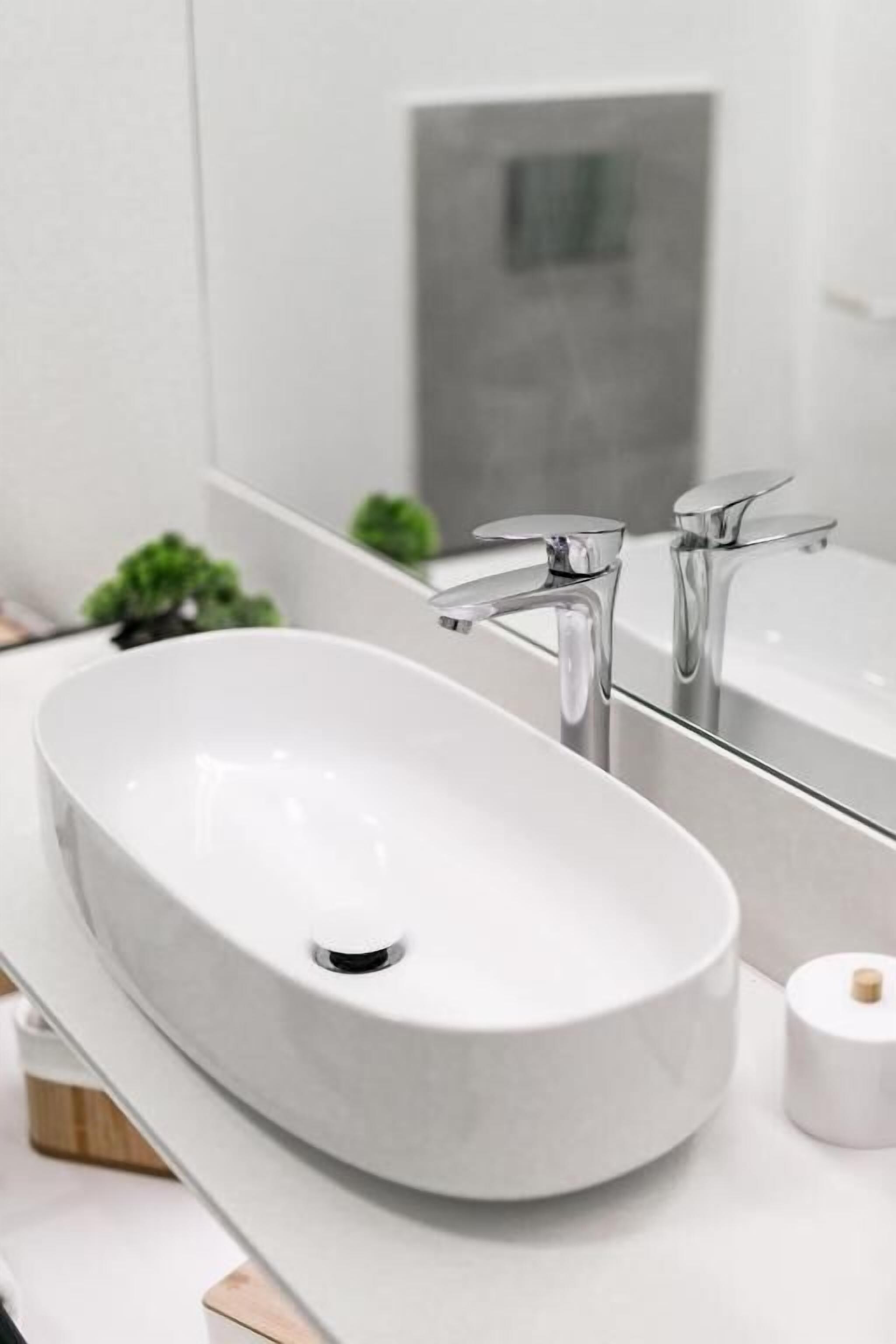 Een moderne badkamer met een witte, ovale wasbak, twee chromen kraanwerkstukken en een grote spiegel.