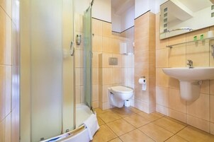 Hair dryer, towels, soap, shampoo