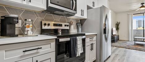 Fridge, microwave, oven, stovetop