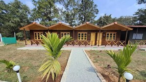 A two-story wooden building with a central pathway, surrounded by small palm trees and a green fence. - Cheetah Farms Jungle Stay (Haliyal)