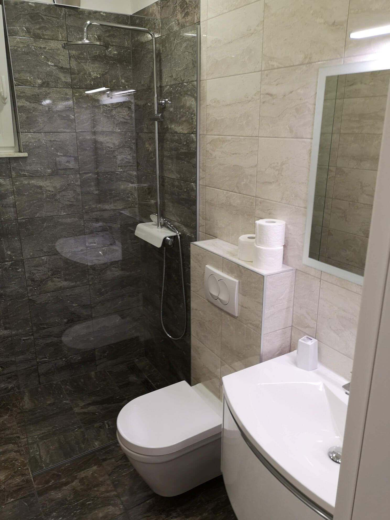 Ein modernes Badezimmer mit einer Duschkabine, einer Toilette und einem Waschbecken mit Spiegel.
