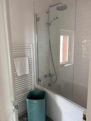 Shower, towels, soap, toilet paper