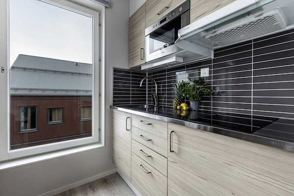 Grand réfrigérateur, micro-ondes, plaque de cuisson