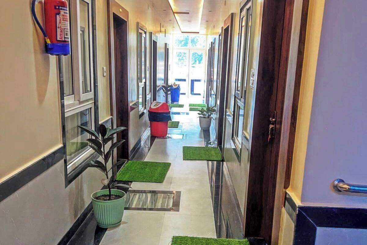 A hotel corridor with doors on both sides, a fire extinguisher on the left, and potted plants along the floor.