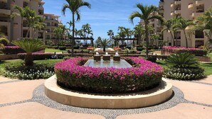 A landscaped garden with a central fountain, surrounded by palm trees and flowering plants, with multi-story buildings in the background.