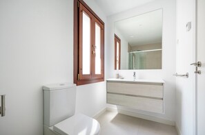 Hair dryer, towels, soap, toilet paper