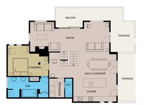 A hotel floor plan with a balcony, salon, terrace, dining area, kitchen, bathroom, and bedroom. - 4★ Chalet, 12 pers, spa, panoramic view, near shuttle (La Clusaz)