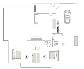 A floor plan with two bedrooms, a bathroom, a kitchen, and a car parking area.