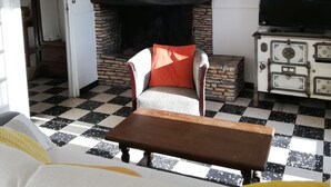 A living room with a fireplace, a television, and a checkered floor.