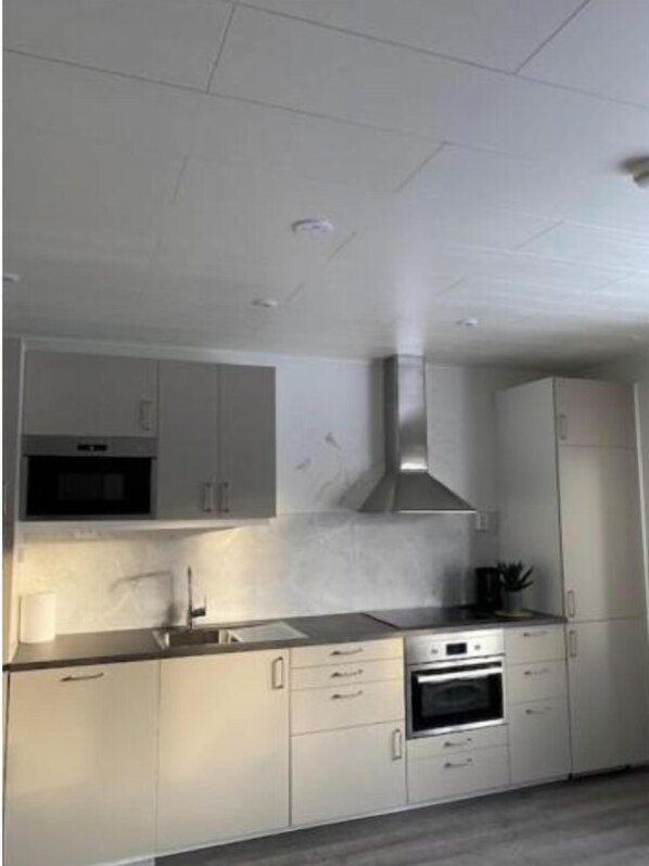 Apartment | Private kitchen | Full-size fridge, microwave, oven, stovetop
