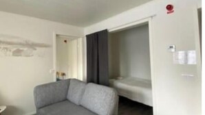 A room with a grey sofa, a bed, and a small table. - Stay In Karesuando (Karesuando)